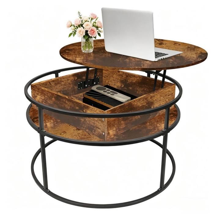 Table Basse Relevable Ronde Table Basse Ronde Relevable 60cm Style Industriel avec Compartiment de ...