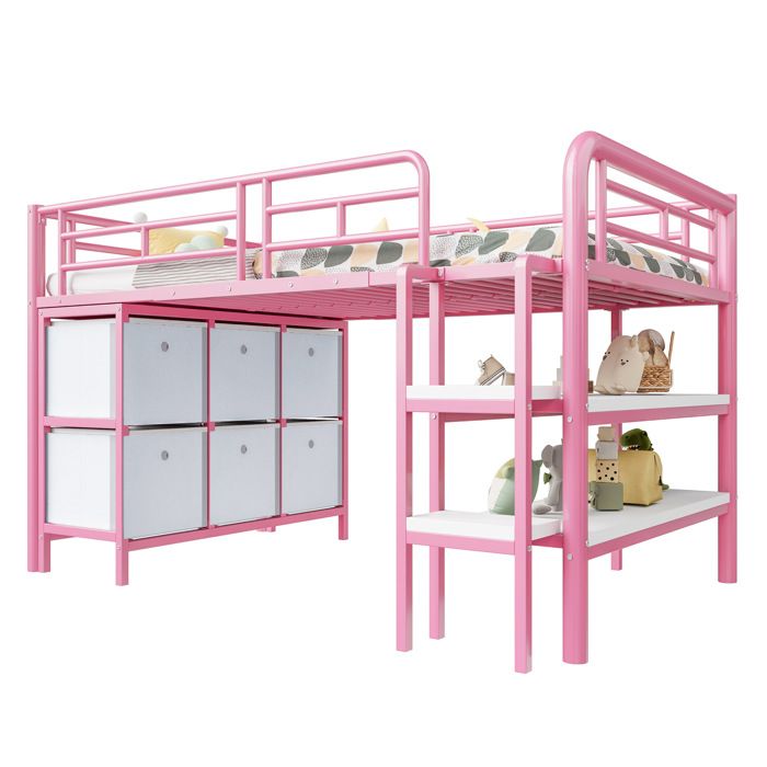 Lit mezzanine 90x200 métal rose avec coins arrondis escalier large rangement tiroirs et étagères