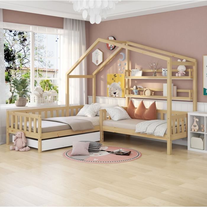 ULEVR Lit cabane enfant en L avec tiroirs et étagères bois naturel 90 x 200 cm + 140 x 70 cm