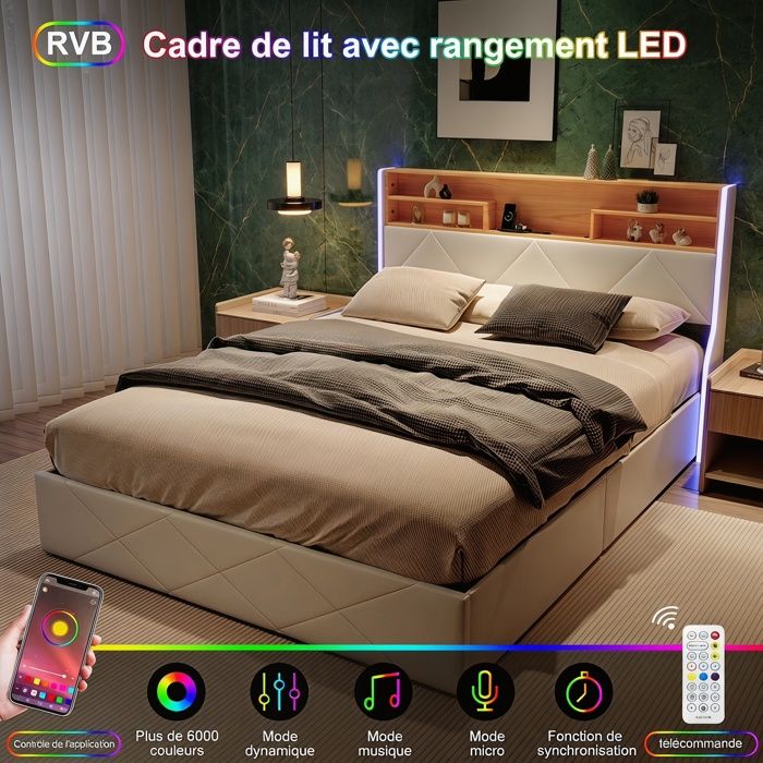 Lit Coffre 160 x 200 avec LED et Multiprise Lit 2 Places avec Hydraulique Rangement Lits avec Étagères Ouvertes Sommier Lattes