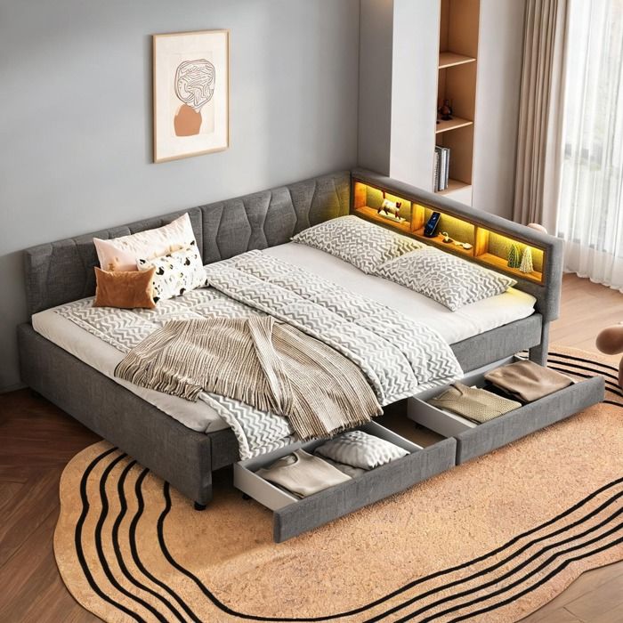 Méridienne en lin gris 140x200 cm avec rangement USB-C et éclairage LED style contemporain