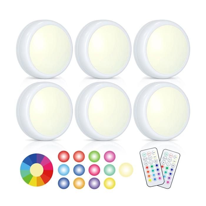 Lot de 6 spots LED RGB sans fil télécommande x2 variateur éclairage blanc à piles AA mural placard cuisine