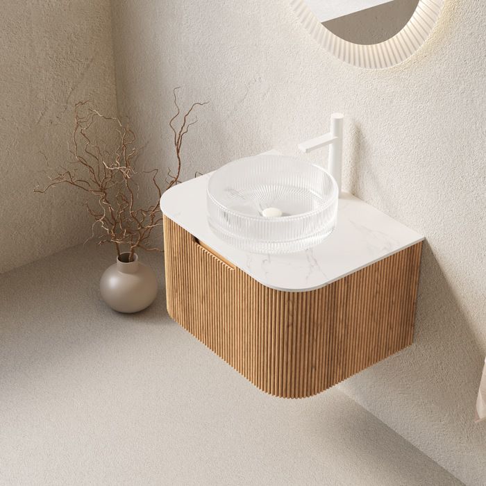 Meuble Suspendu 61cm pour Salle de Bain Vasque Ronde en Verre Transparent Bois Naturel avec Tiroir