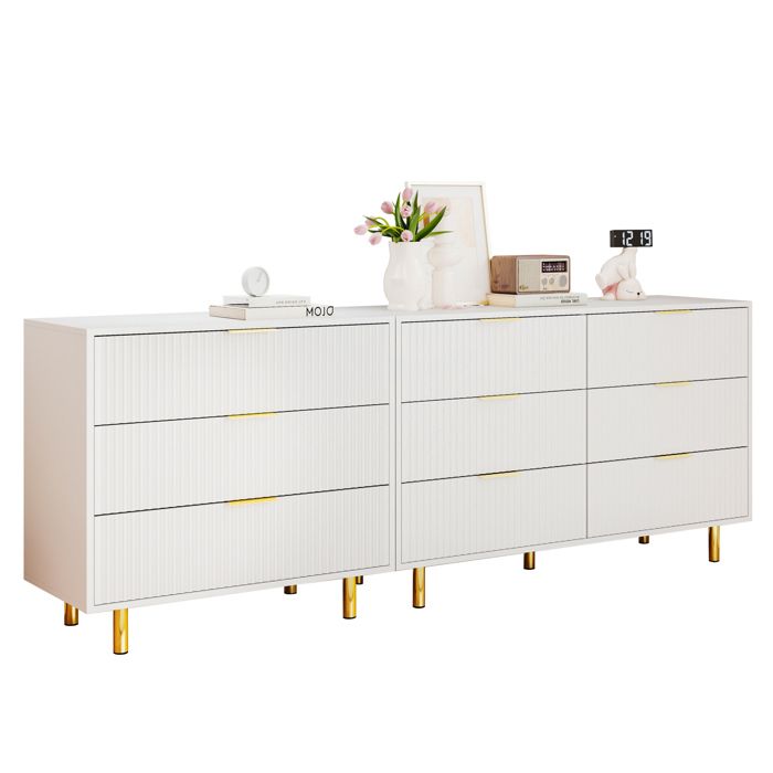 Buffet bas modulable 9 tiroirs - Blanc et doré - MDF - 200 x 40 x 72 cm