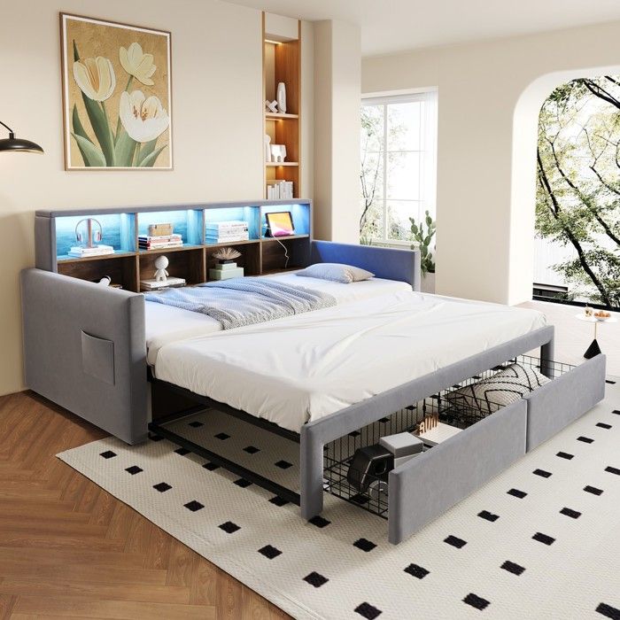 Canapé-lit - PAGE Living - Extensible 90/180x190 - Tête de lit LED + prises USB/Type-C - Velours gris clair