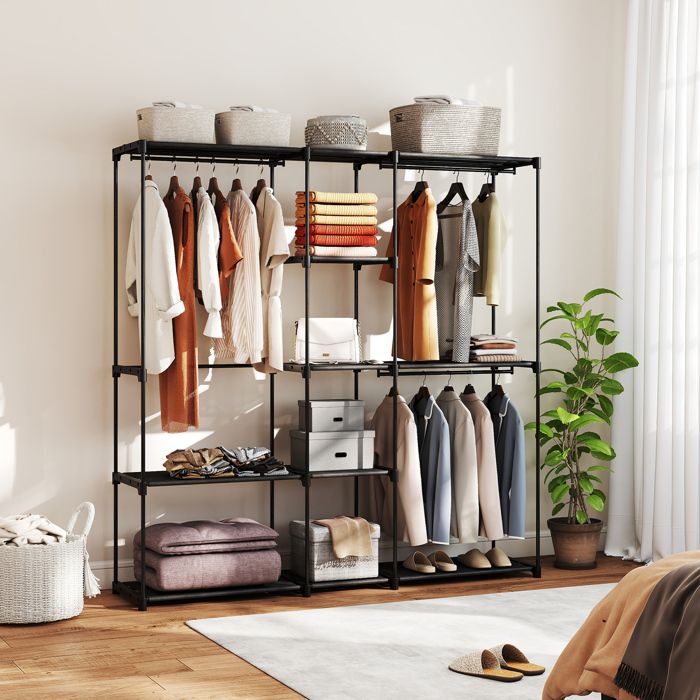 Armoire penderie ouverte - 4 niveaux 2 tringles - 182 x 43 x 185 cm - Noir - Grande capacité montage sans outils