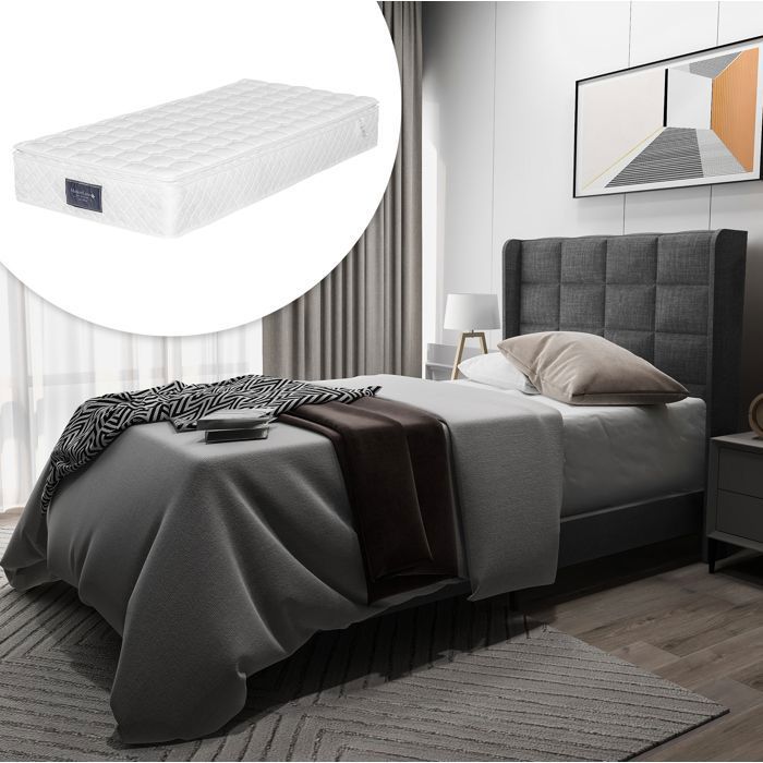 Lit rembourré 1 place 90 x 200 cm - avec tête de lit sommier à lattes matelas à ressorts ensachés 25 cm - gris en lin - JOINERY