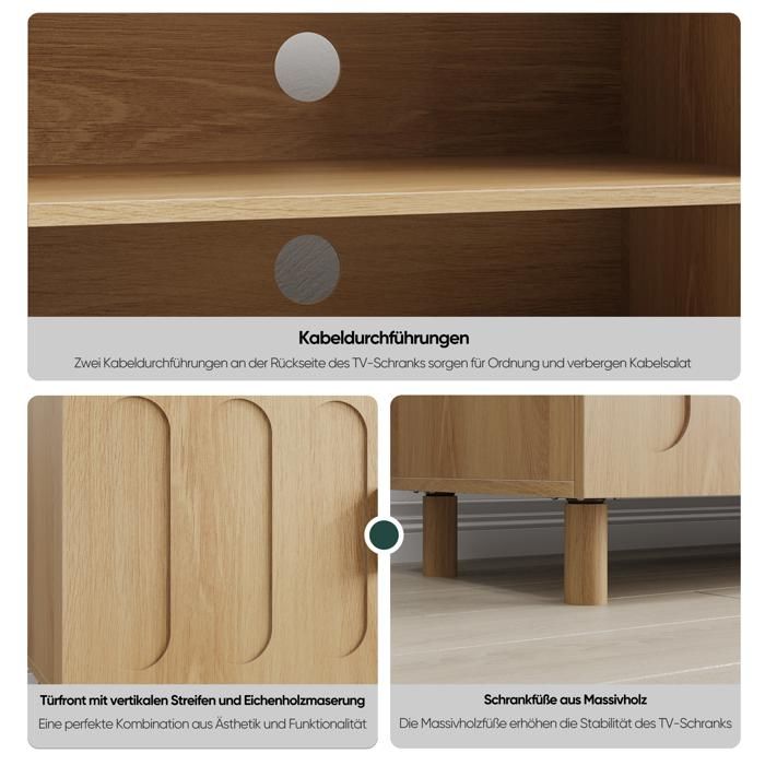 Meuble TV 140 cm en MDF coloris chêne style campagne et mid-century modern avec rangements et passe-câbles