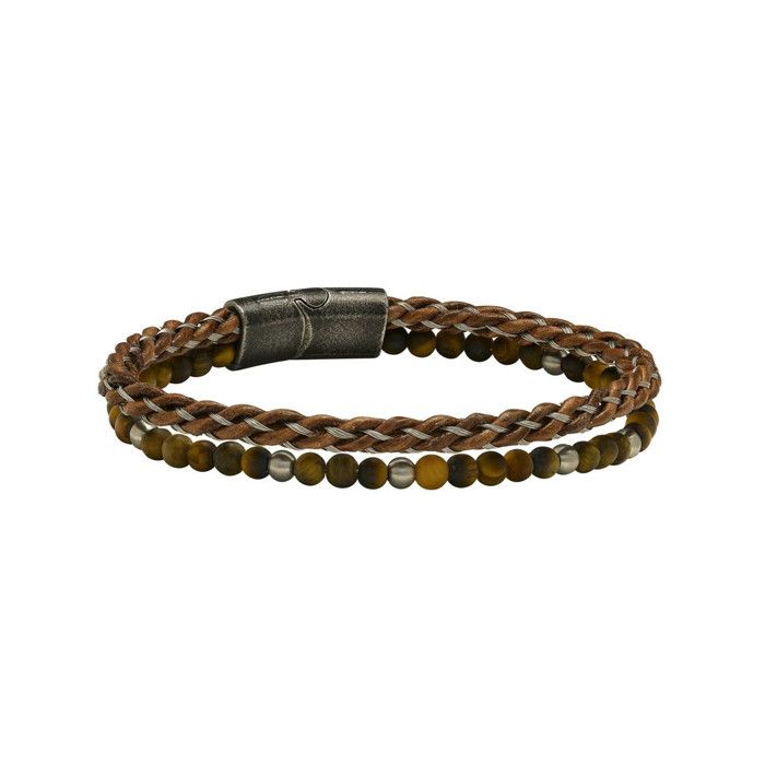 Bracelet homme - JOURDAN - LORES - Cuir tressé - Acier vintage - Œil de tigre