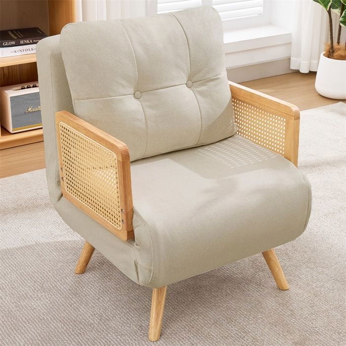 Fauteuil convertible 3-en-1 - Chauffeuse inclinable 5 positions avec accoudoirs en rotin - Lit dappoint et méridienne - Beige
