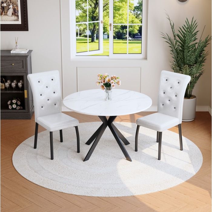 WOVREO Ensemble salle à manger table ronde effet marbre blanc avec 2 chaises blanches simili et métal noir