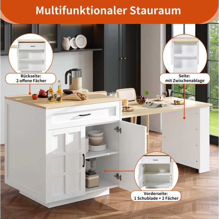 WOVREO îlot central de cuisine extensible 133-202 x 70 x 935 cm avec rangement MDF blanc