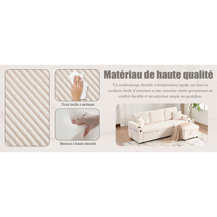 Modenuit canapé dangle convertible 3 places beige en velours côtelé avec méridienne coffre lit tiroir 2 places et USB-C