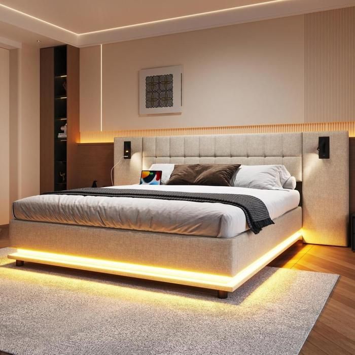 Lit - KOMHTOM - Capitonné 180x200 - Lin & MDF - LED multicolore + spot de lecture - Port USB