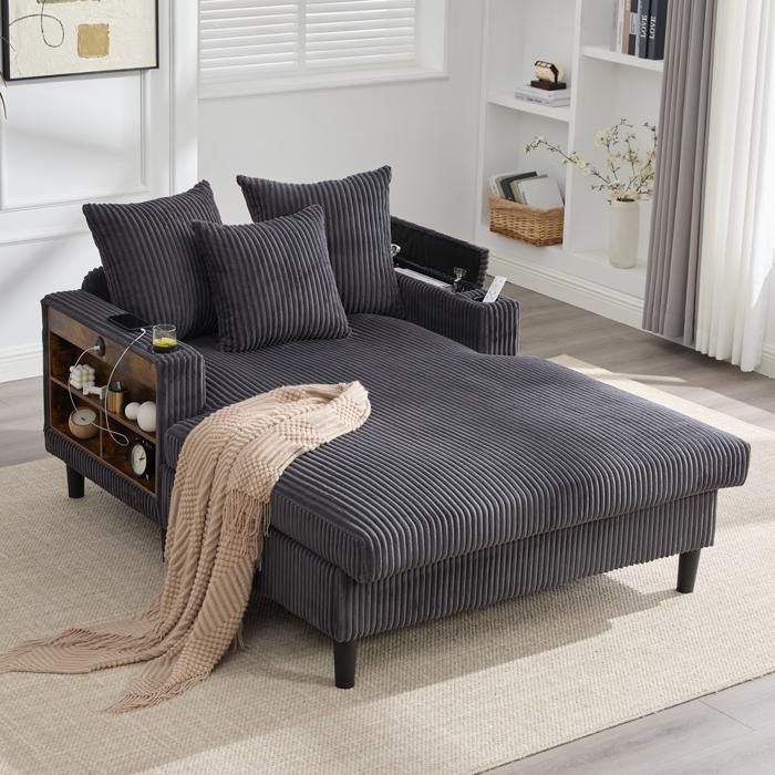 Canapé dangle convertible avec rangement velours côtelé gris anthracite 3 places 180x200 cm