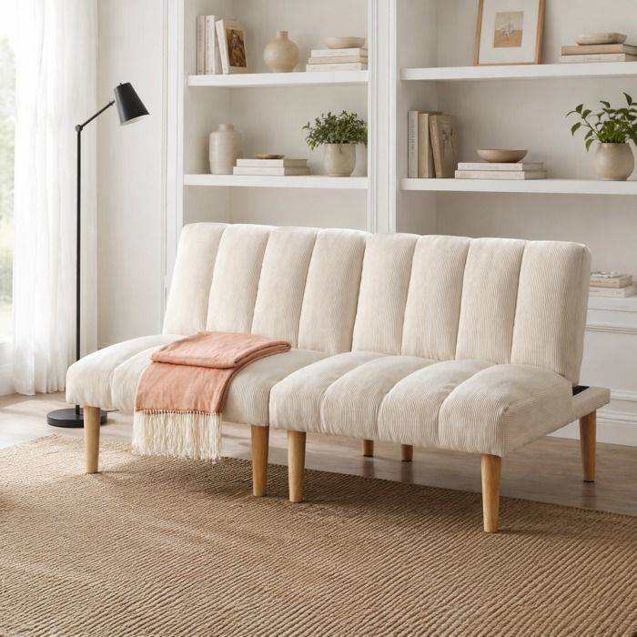 MEUBLIV Canapé convertible 2 places 167 cm dossier réglable 3 positions velours côtelé beige sans accoudoirs