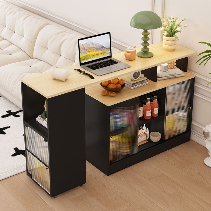 Table de Bar Extensible Noire avec Rangement Mange Debout Pivotant Table Haute Cuisine Moderne en MDF et Verre