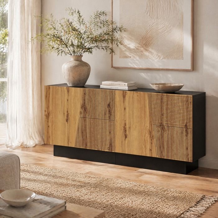 VEVXYN buffet bas 160 cm meuble rangement design geometrique panneaux particules noir bois pour salon salle a manger entree