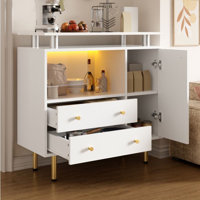 Buffet bas LED 2 portes vitrées 2 tiroirs et 1 porte - MEUNIQ - Salon entrée salle à manger blanc 80×35×80 cm