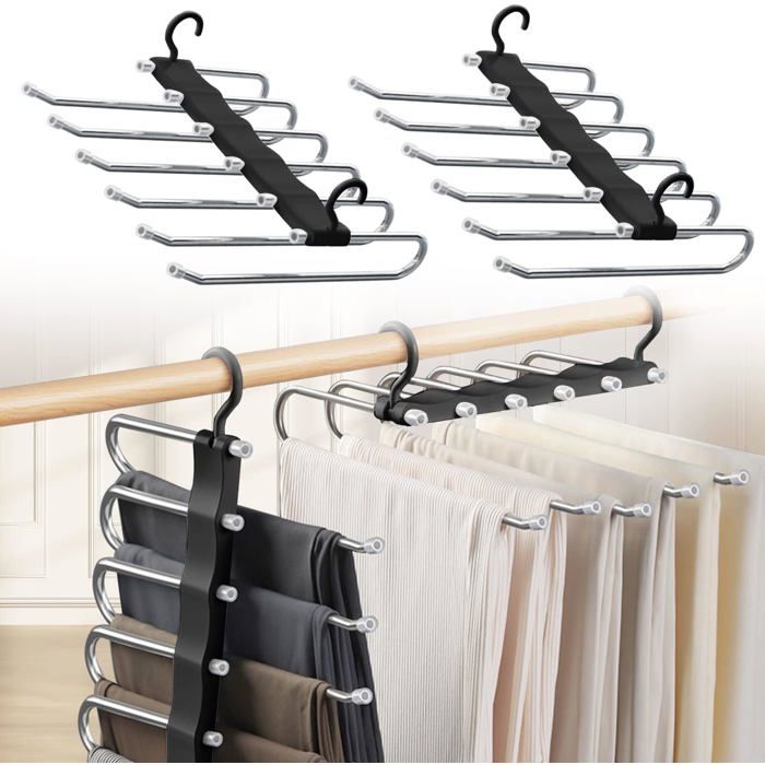 Porte-pantalon 6 en 1 en acier inoxydable et ABS - support cintre gain de place lot de 2 charge 8 kg anti-glisse