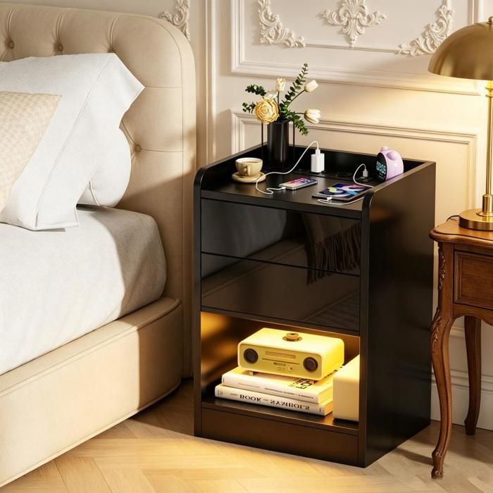 PIPIPOXER Table de Chevet Noir Prise EU USB Chevet 2 Tiroirs Brillant LED RGB 16 Couleurs Meuble Eclairage Télécommandé 40x35x65
