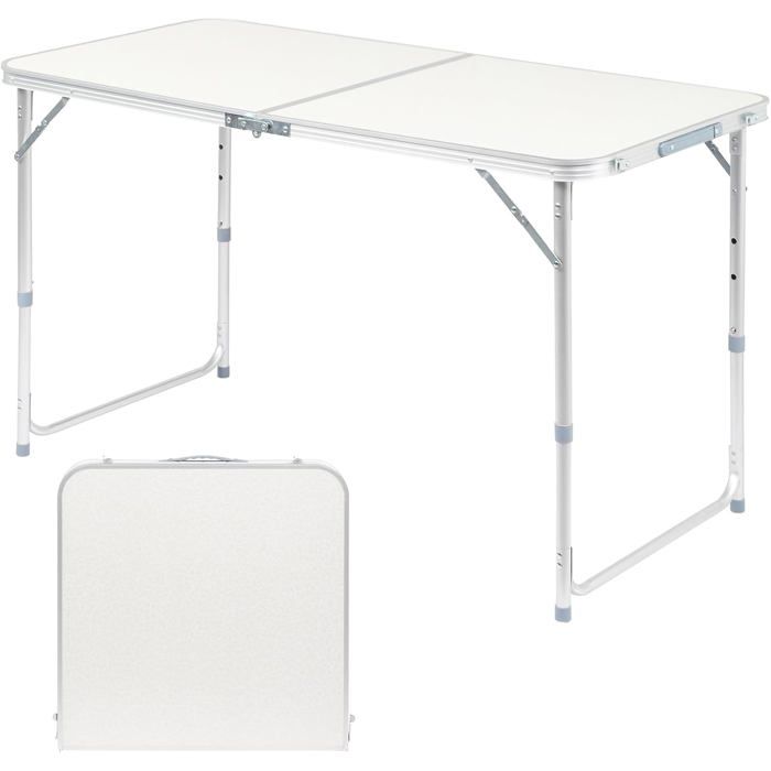 Table de jardin pliante portable - alliage daluminium 3 hauteurs réglables 120x60x70 cm - pliable pour extérieur