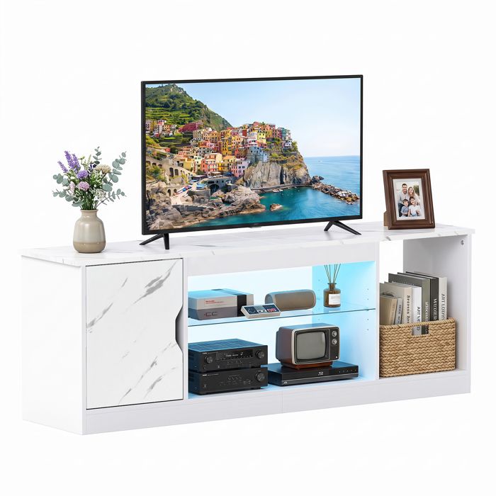 COSTWAY 65 Meuble TV LED avec Étagère en Verre Réglable 3 Compartiments Ouverts Télécommande pour Salon Chambre Blanc