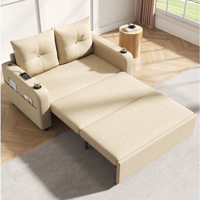 Canapé-lit 3-en-1 2 places 131 x 81 x 94 cm convertible avec porte-gobelets poches latérales et USB Beige JOINERY