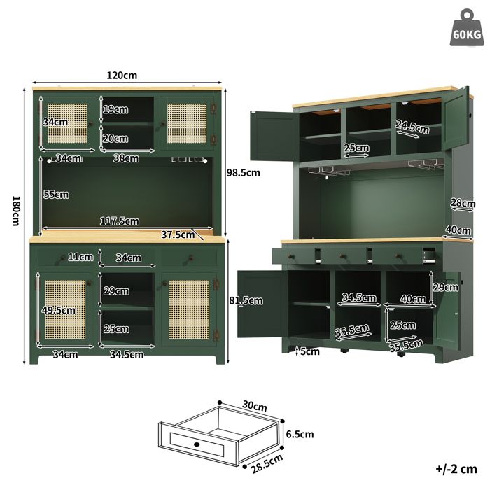 Buffet de cuisine haut - ZEVKOR - 120x40x180 cm - 4 portes - 3 tiroirs - Étagères réglables