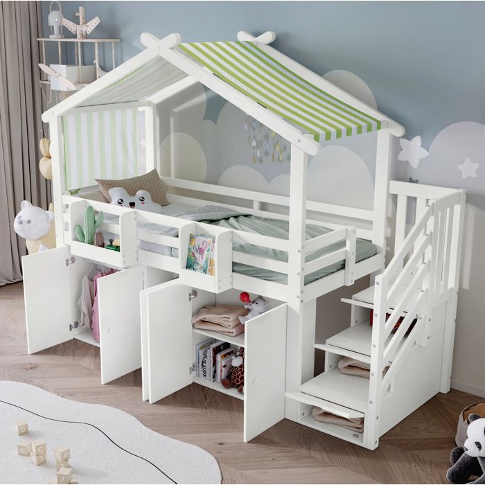 Lit superposé enfant blanc et vert 263 x 95 x 213 cm avec escalier de rangement armoire intégrée coffres et toit
