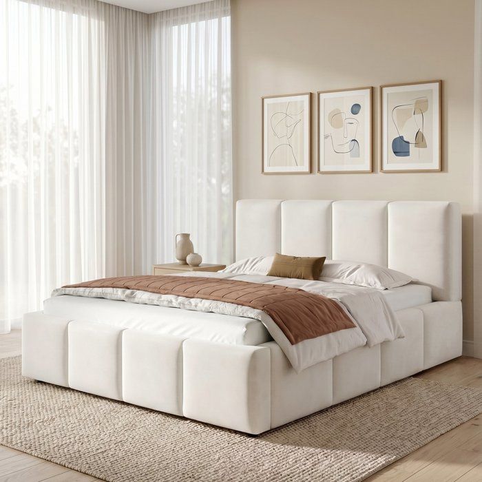 Lit capitonné 180x200 cm beige en velours chenille doux charge maximale 300 kg livré en 3 colis sans matelas