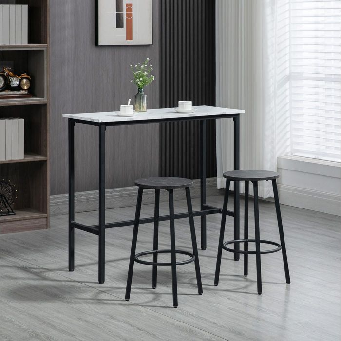 ROVRYN Ensemble table de bar 3 pièces avec 2 tabourets plateau effet marbre acier blanc