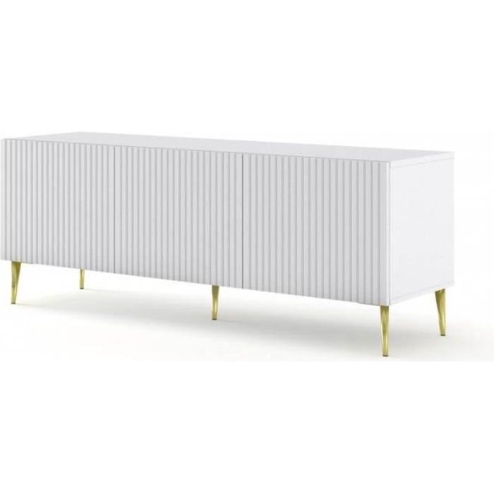 Meubles TV - Meuble TV Ravenna avec 3 portes en bois et pieds dorés - Blanc mat - L 150 x P 42 x H 56 cm Meubles TV - Meuble TV Ravenna avec 3 portes en bois et pieds dorés - Blanc mat - L 150 x P 42 x H 56 cm