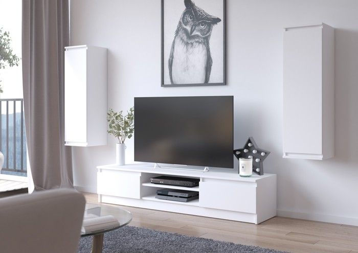 Meuble TV AKORD - Blanc - 240 cm - 4 portes - 8 étagères