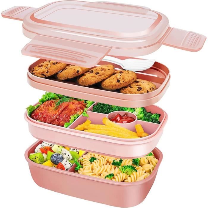 1900ml lunchbox enfant adulte - bento lunch avec 3 compartiments et couverts - pour micro-ondes et lave-vaisselle - rose
