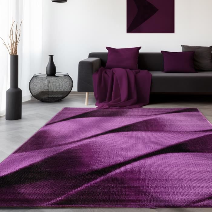 Tapis à poils courts tapis de salon tapis à motifs ondulés violet noir tacheté [Lilas, 160x230 cm]