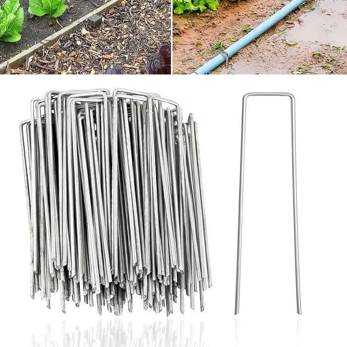 Piquets de Fixation en Acier Galvanisé, 100 Pièces 30 Rondelles, Pelouse Agrafes, Piquets de Jardin, Piquet pour Toile de Paillage, Grillage et Filets - 150 mm Long, 30 mm Large, 3 mm