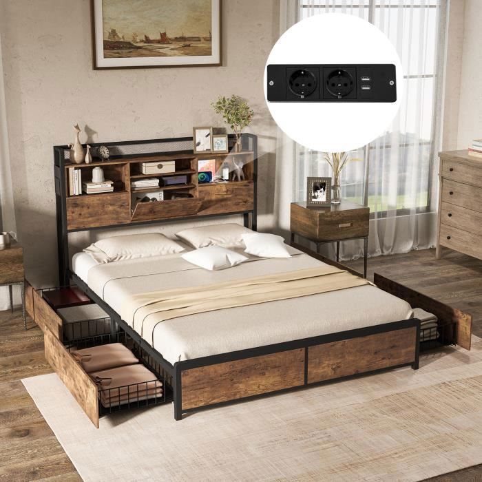 COSTWAY Lit Double Industriel pour Adulte 140x200CM - Prises USB Tiroirs sur Roulettes Espace de Rangement Caché - Charge 300KG