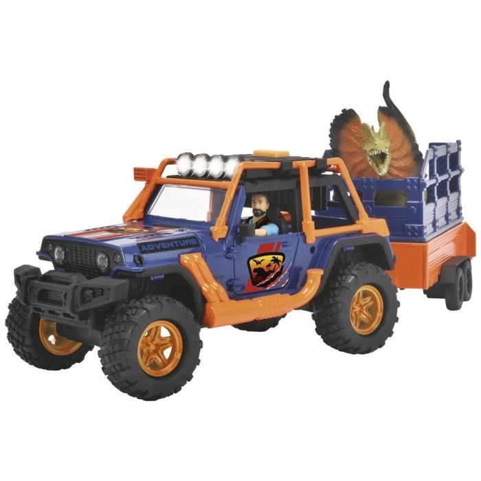 Commandant de Dinosaures Dickie 1 Jeep Wrangler avec remorque + 1 figurine articulée + 2 dinosaures