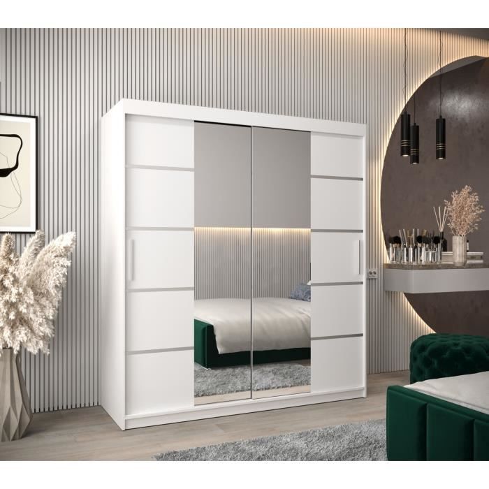 Armoire de Chambre VENTILA 4 Blanc 180 avec 2 Portes Coulissantes et Miroir Penderie (Tringle) avec étagères Sans tiroirs