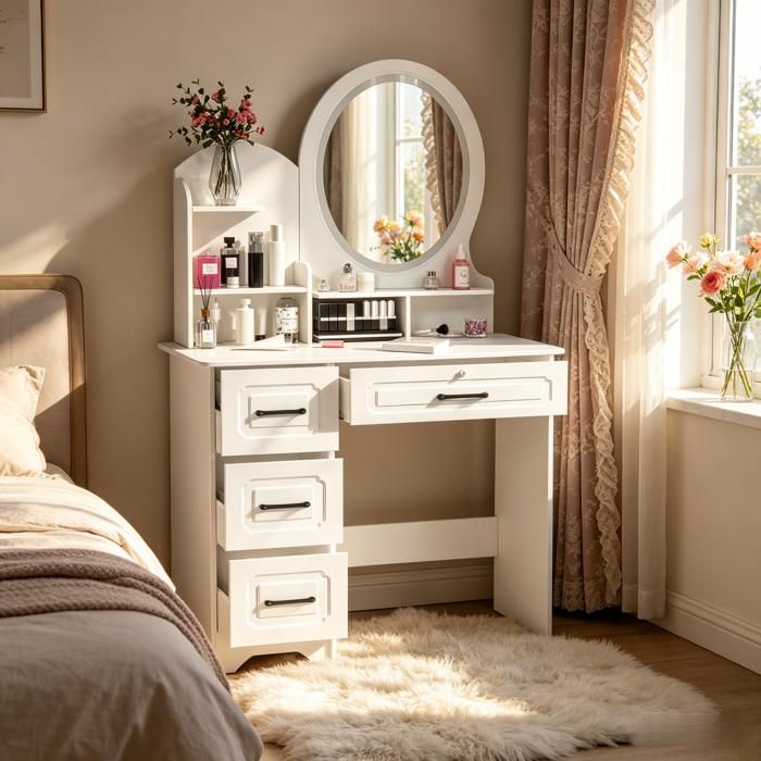 Coiffeuse avec miroir LED 3 niveaux de luminosité réglables 4 Tiroirs et 6 Compartiments 137*80*40cm Blanc Style européen