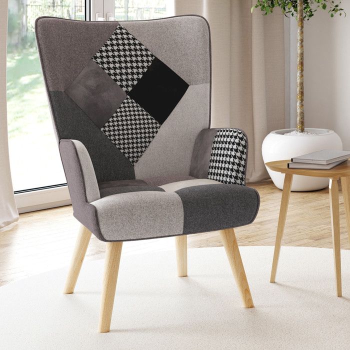 IDMARKET Fauteuil scandinave IVAR en tissu patchwork noir gris et blanc