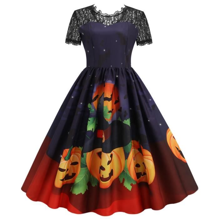 Robe Femme Chic et Elegant Manche Courte Col Rond Dentelle Imprim?�e Vintage Sexy Halloween 