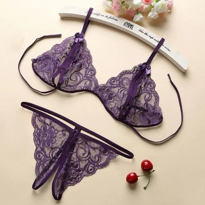 Ensemble soutien-gorge et string en résille à manches longues pour femmes,sous-vêtements évidés ...