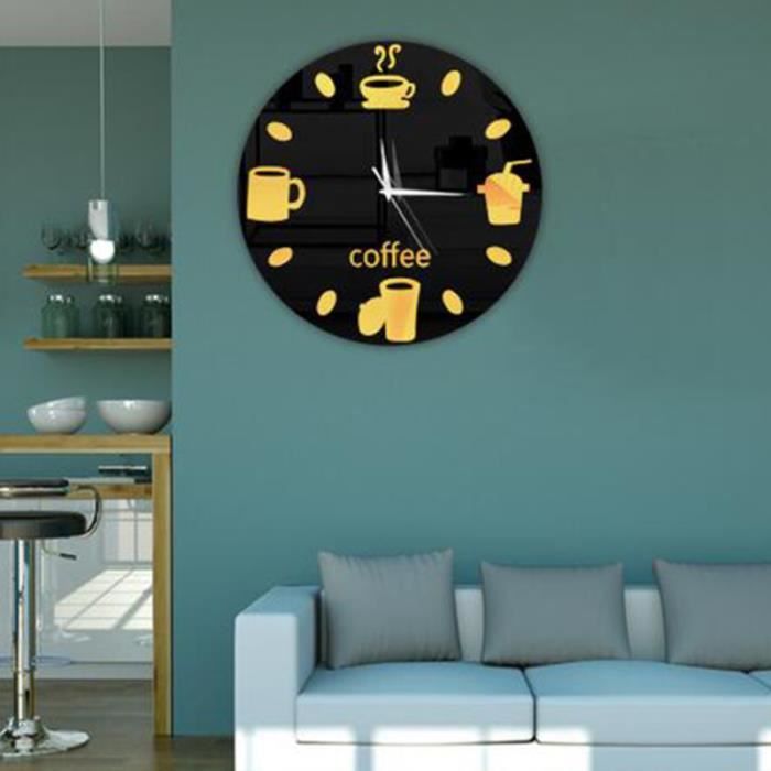 VORCOOL Miroir 3D Tasse À Café Ronde Horloge Murale Restaurant Cuisine Muet Décoratif Sticker Mural Horloge Art Horloge Murale Diamètre 20 CM Fond Noir Or 