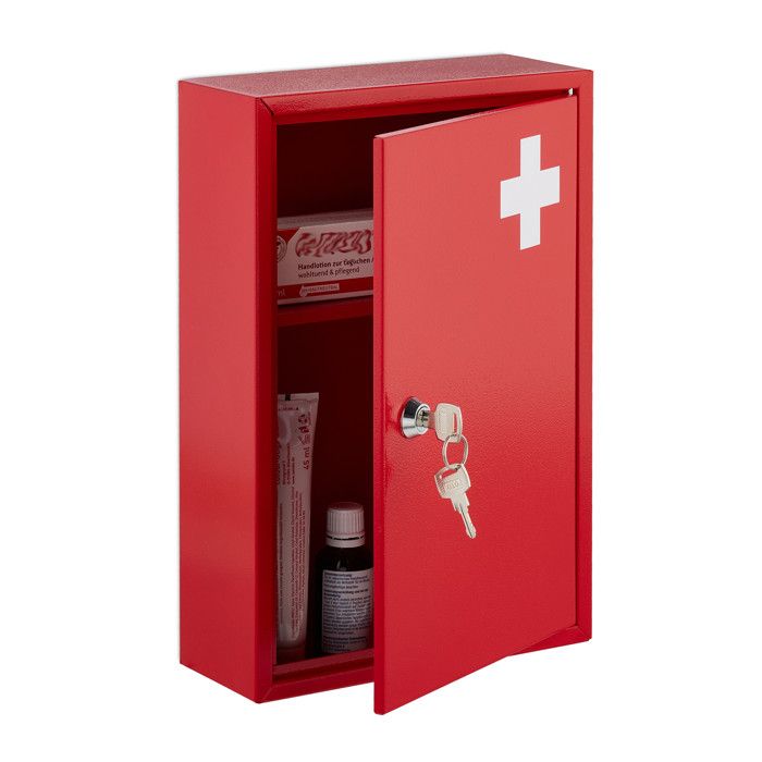 Relaxdays Armoire à pharmacie verrouillable 2 niveaux HxLxP: 32x21 5x9 5 cm ranger médicaments rouge - blanc