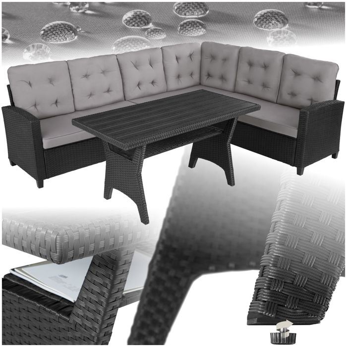 Canapé de jardin - TECTAKE - Salon lounge dextérieur CATANIA 6 places en rotin robuste avec 1 table et coussins inclus - Noir