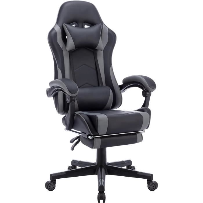 Defender® Chaise de gaming avec éclairage RVB, ergonomique, chaise de bureau confortable pour la maison, le bureau ou le gamer, oreiller, hauteur réglable, en cuir PVC, noir