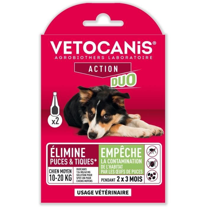 VETOCANIS Anti-puces et anti-tiques Duo Spot on - 2 pipettes - Efficacité 7 semaines - Pour moyen ch