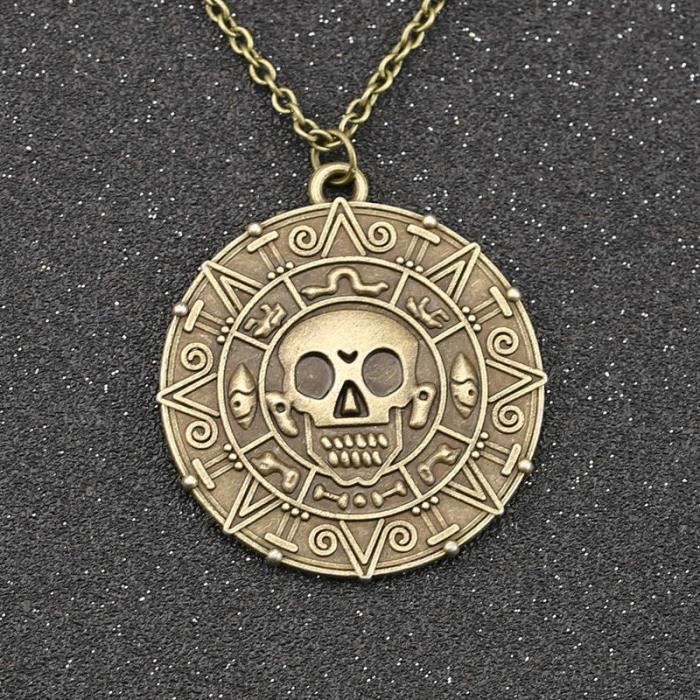 Collier pendentif pirate des caraïbes Jack Sparrow Aztec, pièce de monnaie médaillon Johnny Depp